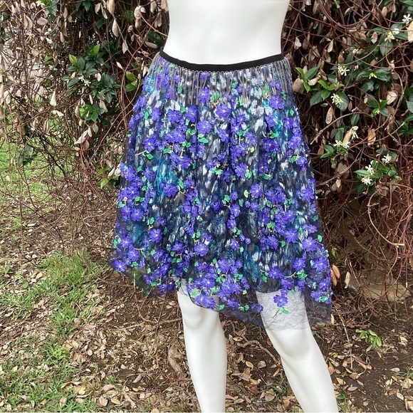 💋Elie Tahari Floral Mesh Metallic Chain Fringe A-Line Flouncy Skirt - Picture 7 of 9